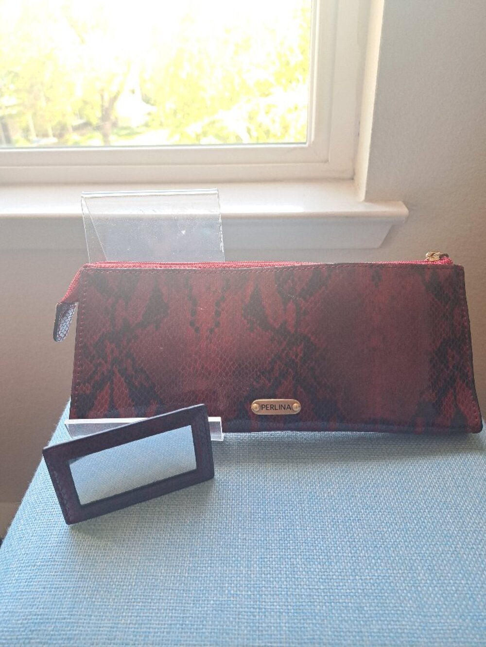 Perlina Red Snakeskin Leather Wristlet Clutch Wallet w/ Mirror – 8 Card Slots